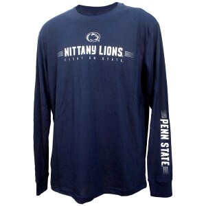 long sleeve navy t-shirt with Athletic Logo, Nittany Lions, Fight on State on chest, Penn State on left sleeve